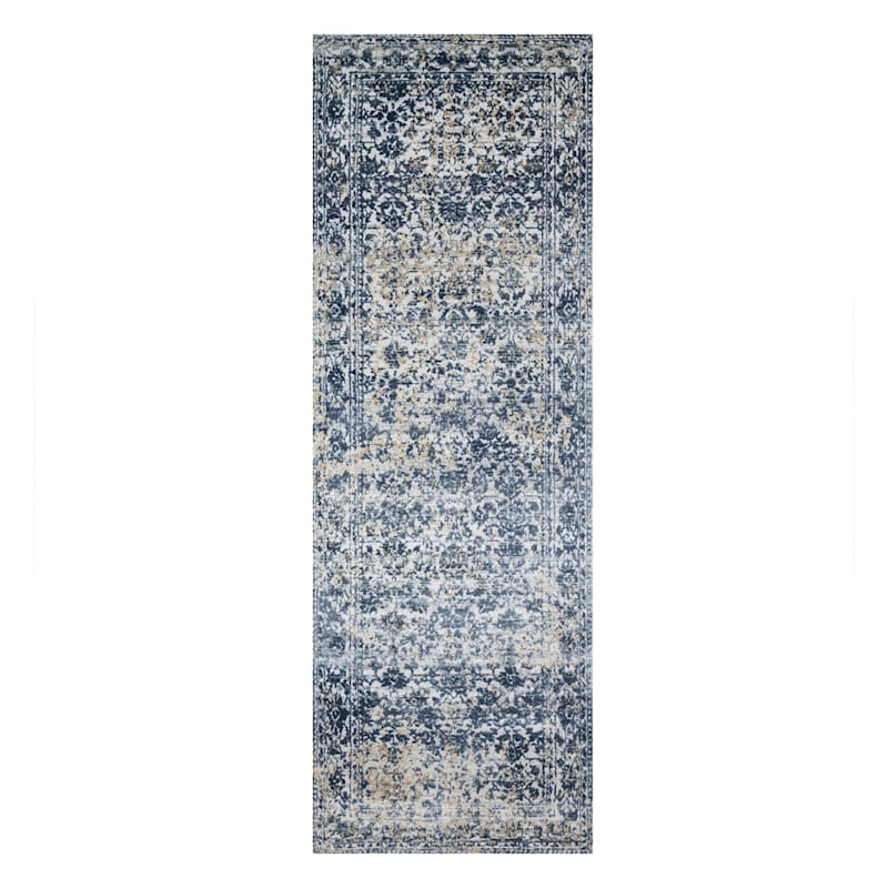 (A377) Providence Venice Distressed Look Blue Runner, 2x7