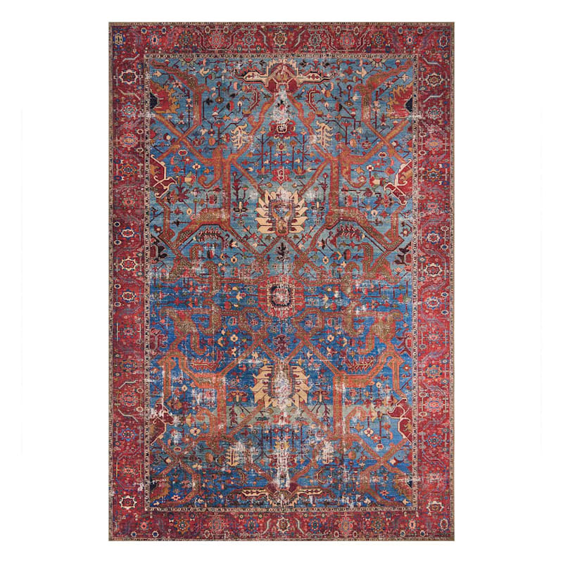 B524 Sergio Blue Red Area Rug 5x7, Persian Rug With Blue And Red Accents