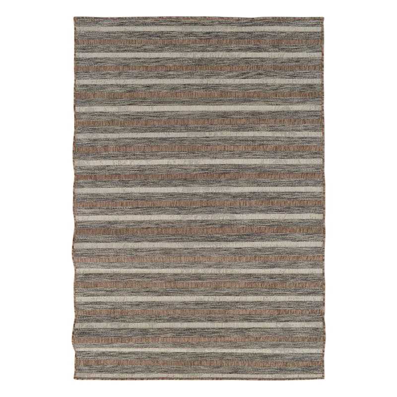 (E221) Ivory, Brown & Gray Striped Modern Indoor & Outdoor Area Rug, 5x7