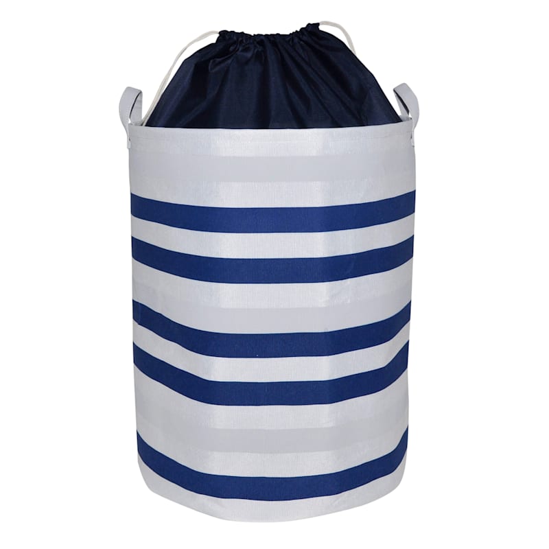 Round Collapsible Canvas Laundry Hamper with Drawstring Liner, Navy Blue