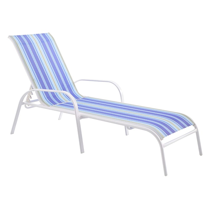 Tracey Boyd Stackable White & Blue Caprice Striped Sling Outdoor Chaise Lounge Chair