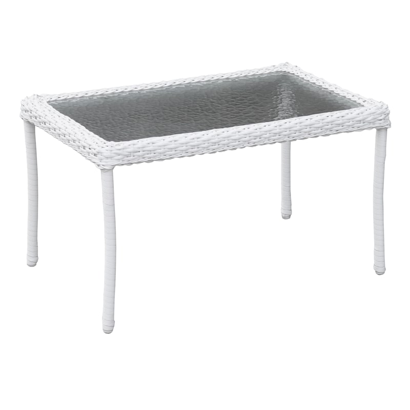 Tempered Glass Top Outdoor Faux Wicker Coffee Table, White