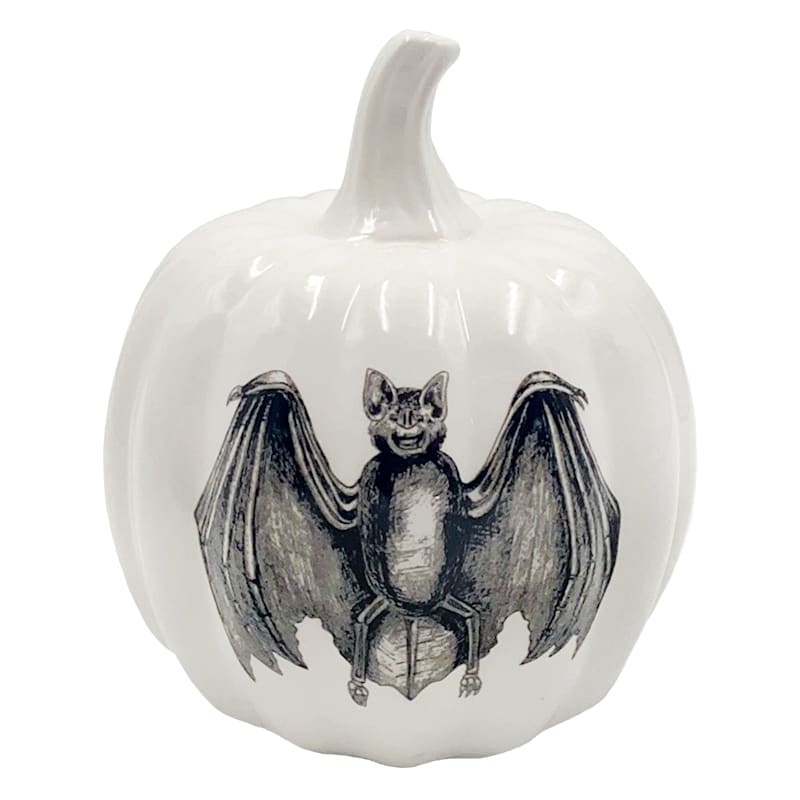 White Ceramic Pumpkin with Bat Halloween Decor, 6.5" | At Home
