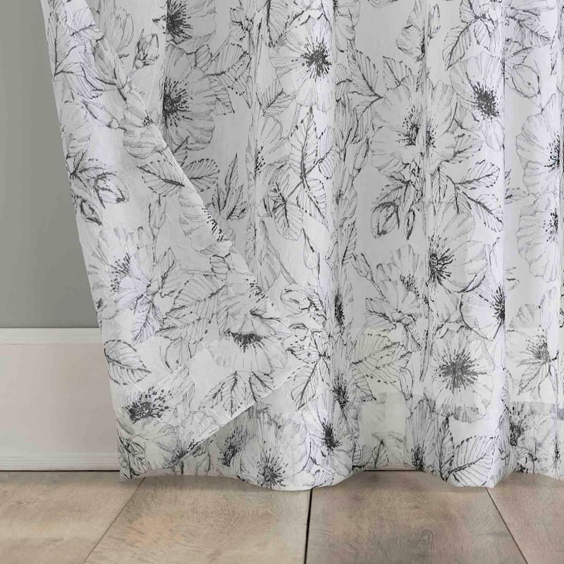 Gray & White Poppy Print Rod Pocket Sheer Curtain Panel, 84"