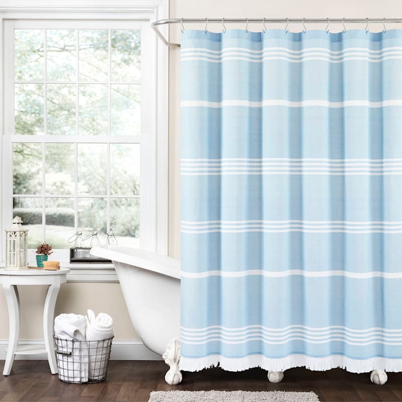 Tracey Boyd Blue & White Striped Tassel Shower Curtain, 72"