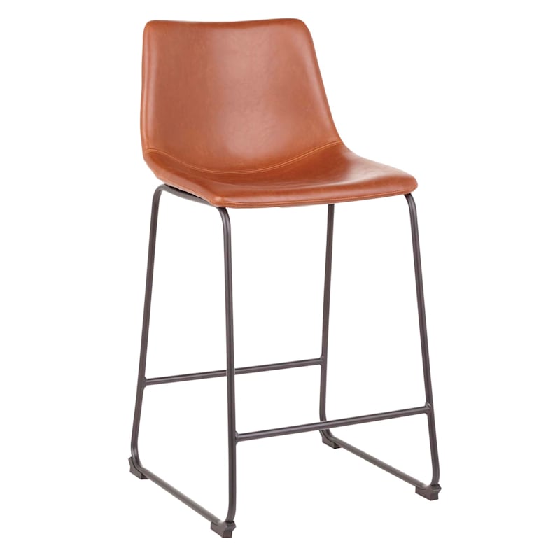 Drake Faux Leather Modern Industrial Counter Stool, Cognac