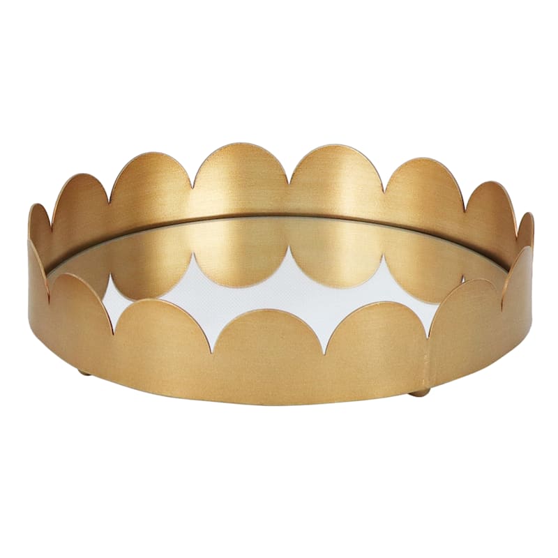 Tracey Boyd Gold Scalloped Round Tray With Mirror, 10"