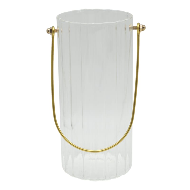 Tracey Boyd Clear Ribbed Glass Hurricane Candle Holder with Handle, 8