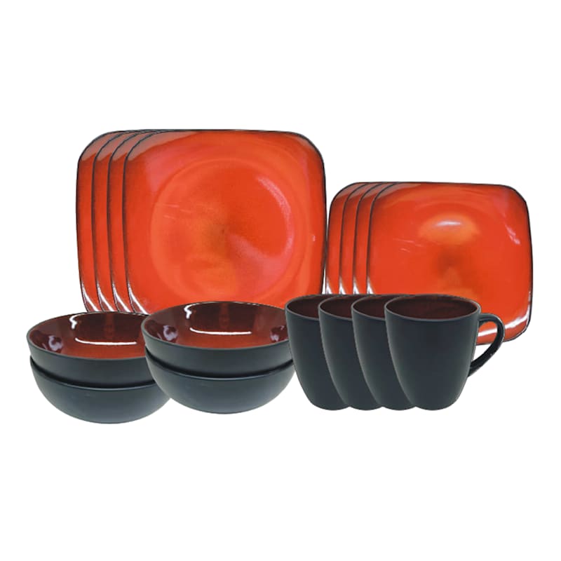 16-Piece Soft Square Ceramic Dinnerware Set, Red