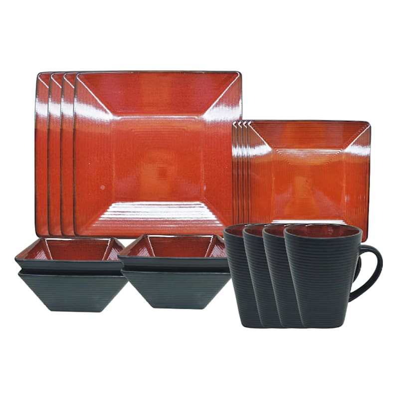 16-Piece Hard Square Ceramic Dinnerware Set, Reactive Red