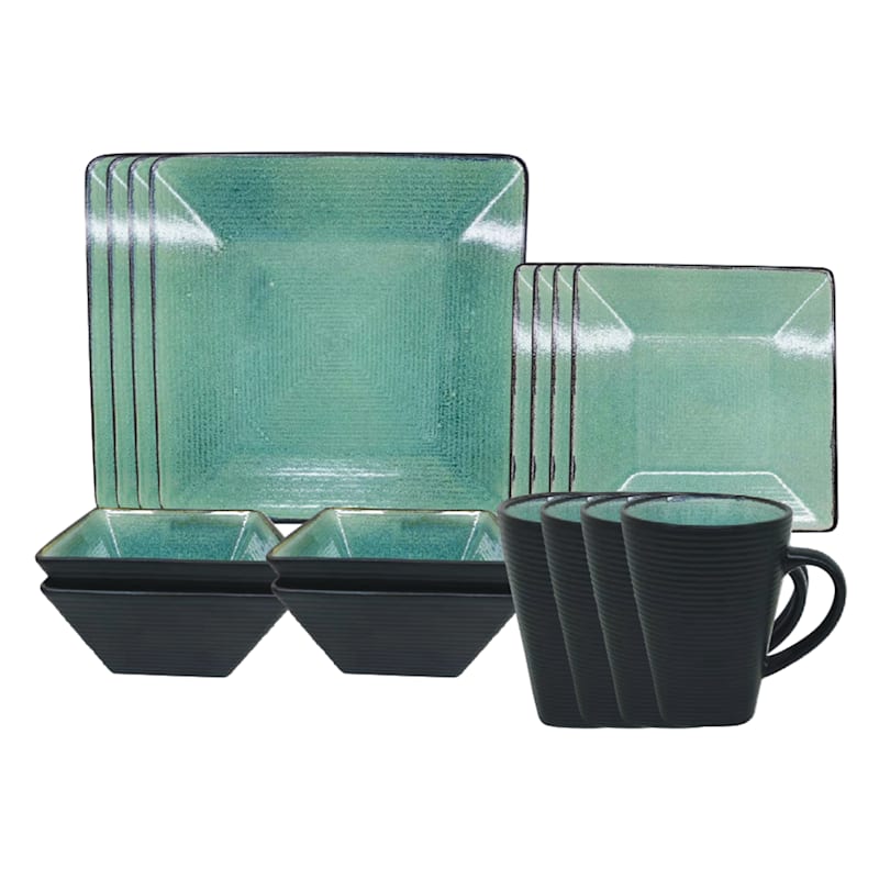 16-Piece Hard Square Ceramic Dinnerware Set, Reactive Green