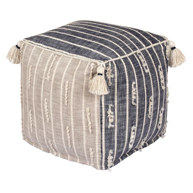 Honeybloom Nora Blue Woven Embroidered Pouf, 18"