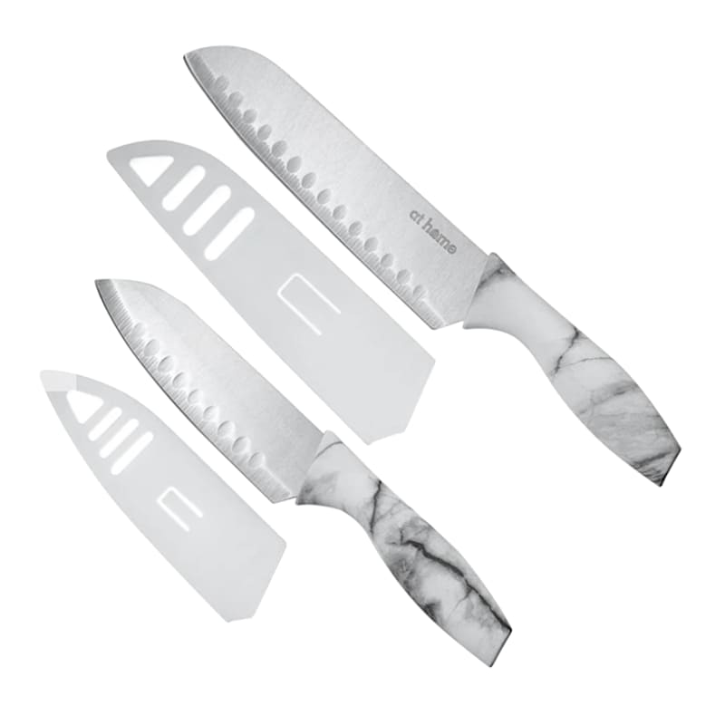 4-Piece Marble-Look Santoku Knife & Sheath Set, White, Plastic Sold by at Home