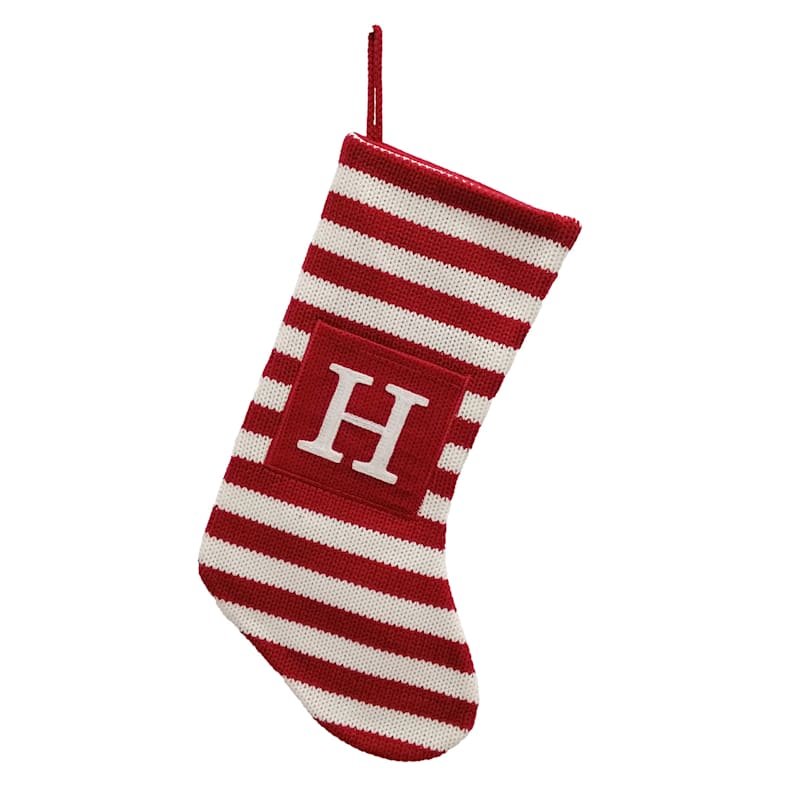 Red & White Striped Monogram Knit Stocking, H At Home