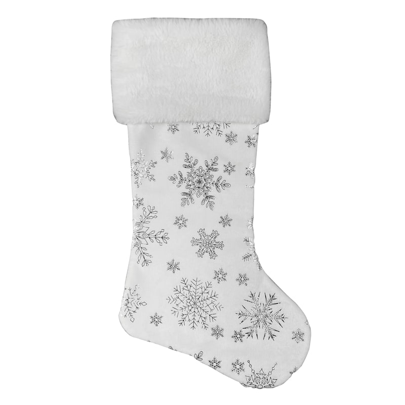 21 Inch White Velveteen Stocking With Silver Snowflakes