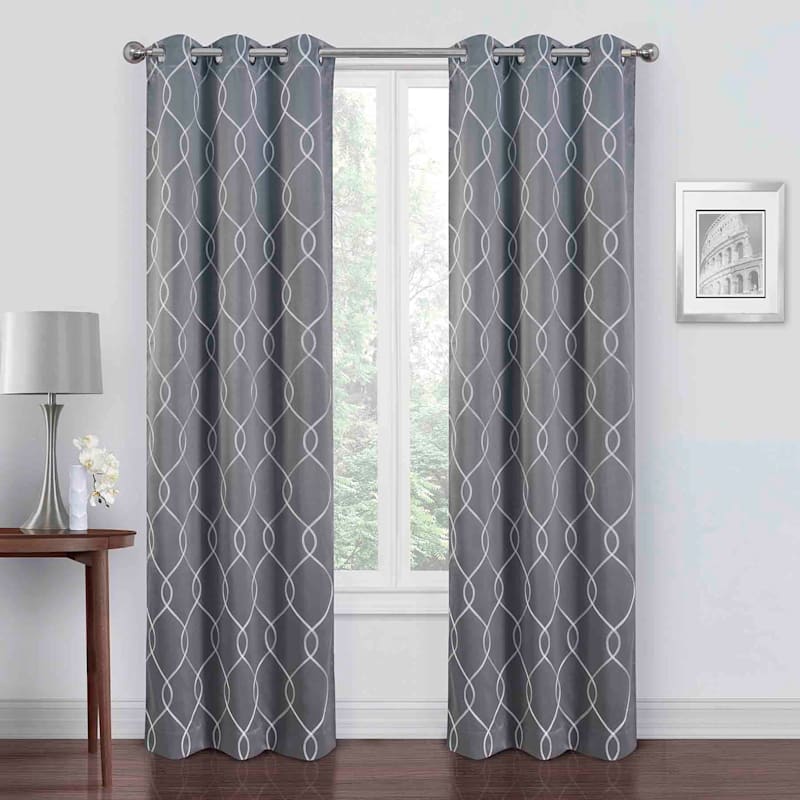Riley Gray & White Embroidered Blackout Curtain Panel, 84"