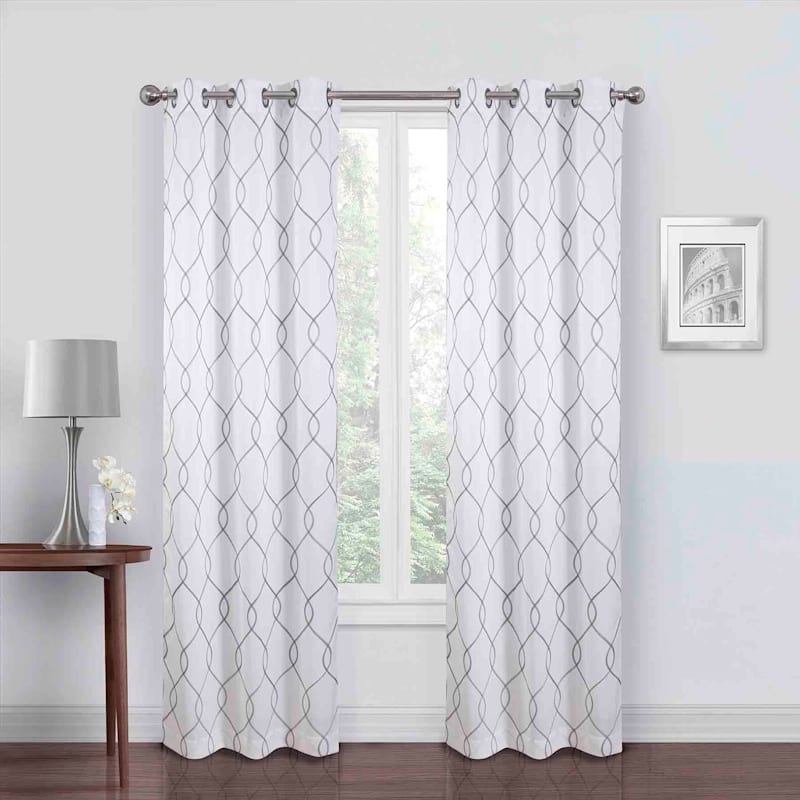 Riley White & Gray Embroidered Blackout Grommet Curtain Panel, 95"