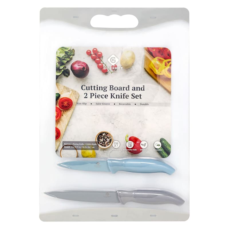 3-Piece Cutting Board with 2 Knives Set, Light Grey