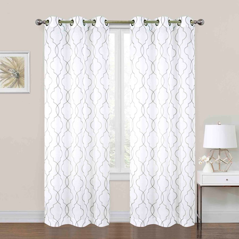 2-Pack White & Grey Embroidered Metallic Geo Grommet Curtain Panels, 63\