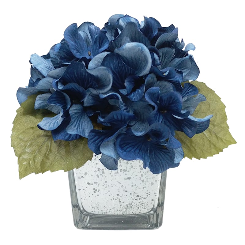 Blue Hydrangea in Mercury Glass Vase, 6.5"