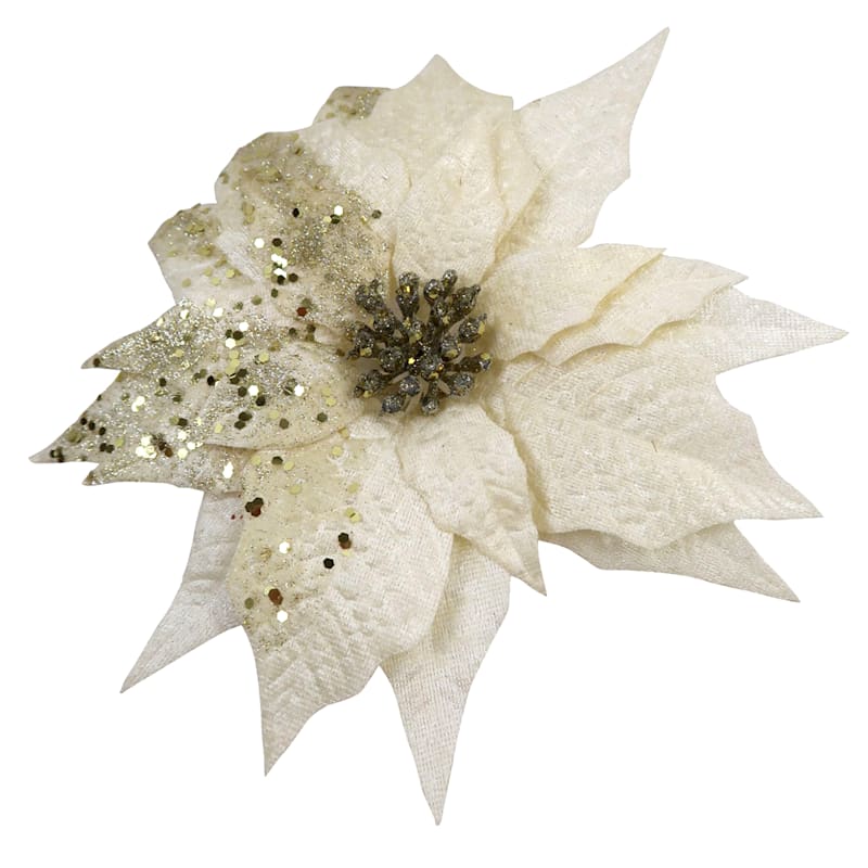 Joyous Noel White Poinsettia Clip Ornament, 9"