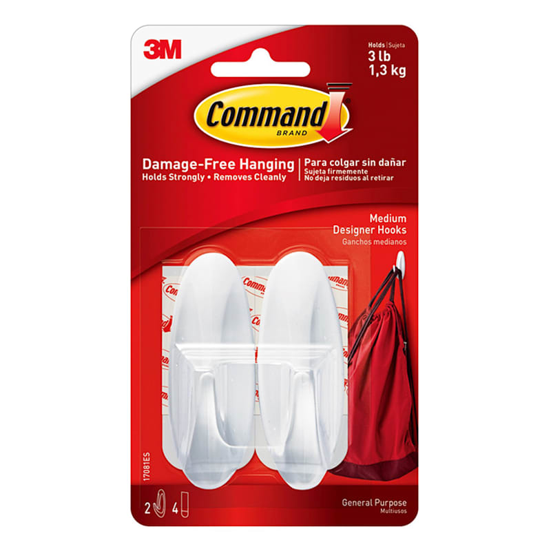 Command™ Medium Designer Hooks Multi-Pack, 2-Hooks, 4-Strips/Pack, White