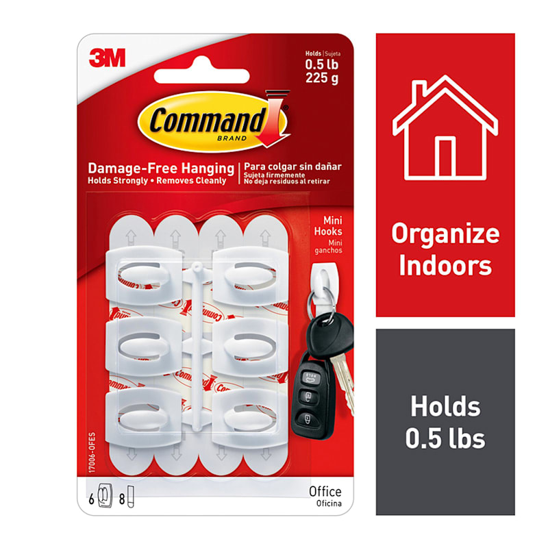 Command™ Mini White Hooks with White Strips 6-Hooks, 8-Small Strips