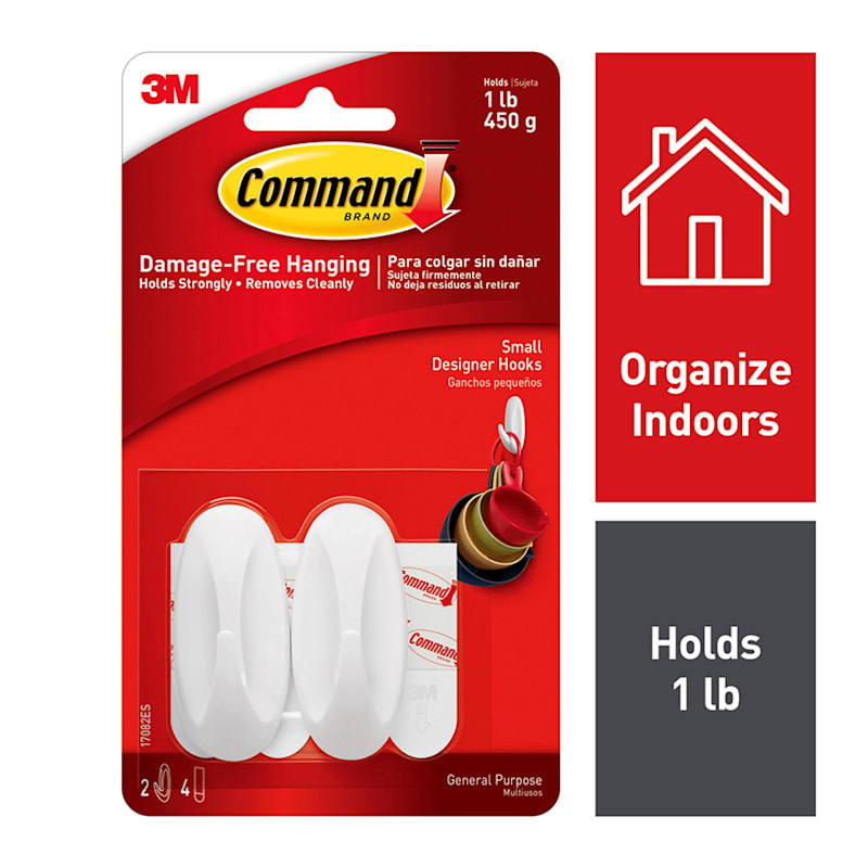Command™ Small Designer Hooks, 2-Hooks, 4-Strips/Pack, White