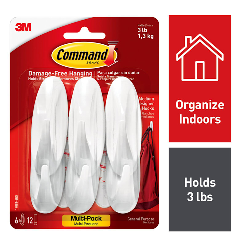 Command™ Medium Designer Hooks Multi-Pack, 6-Hooks, 12-Strips/Pack, White