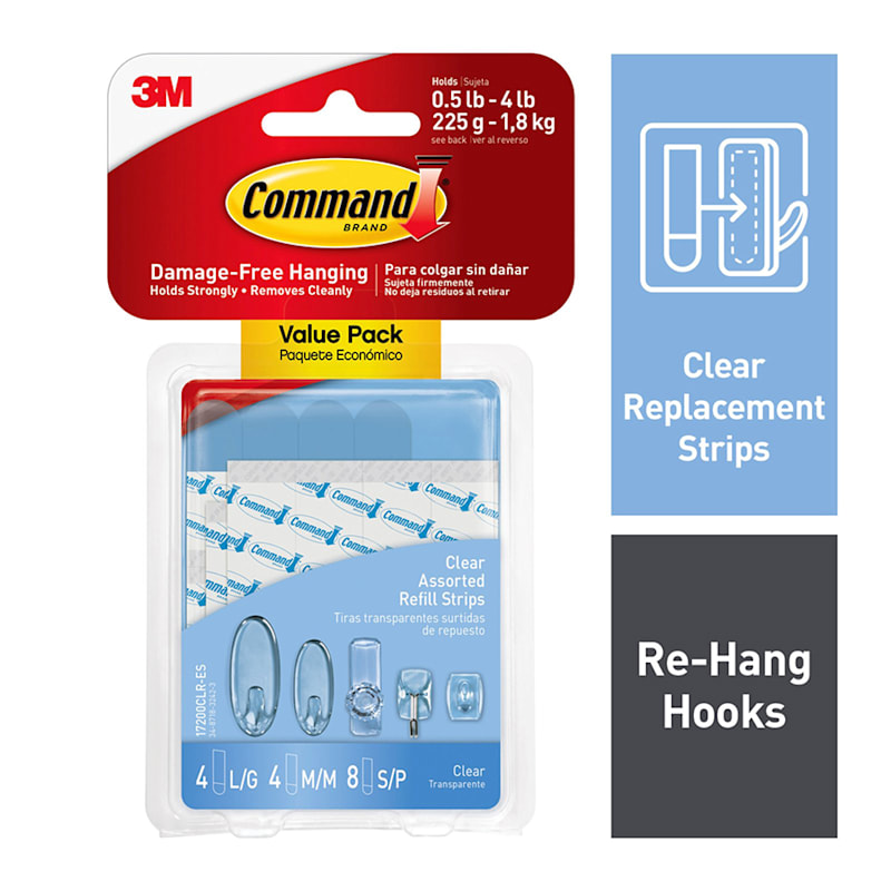 Command™ Clear Assorted Refill Strips, 8-Small, 4-Medium, 4-Large Strips/Pack