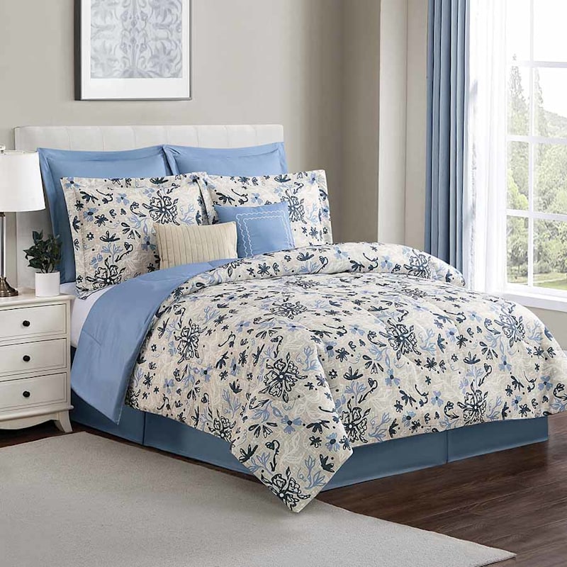 8-Piece Blue & White Floral Linen Essential Comforter Set, Full