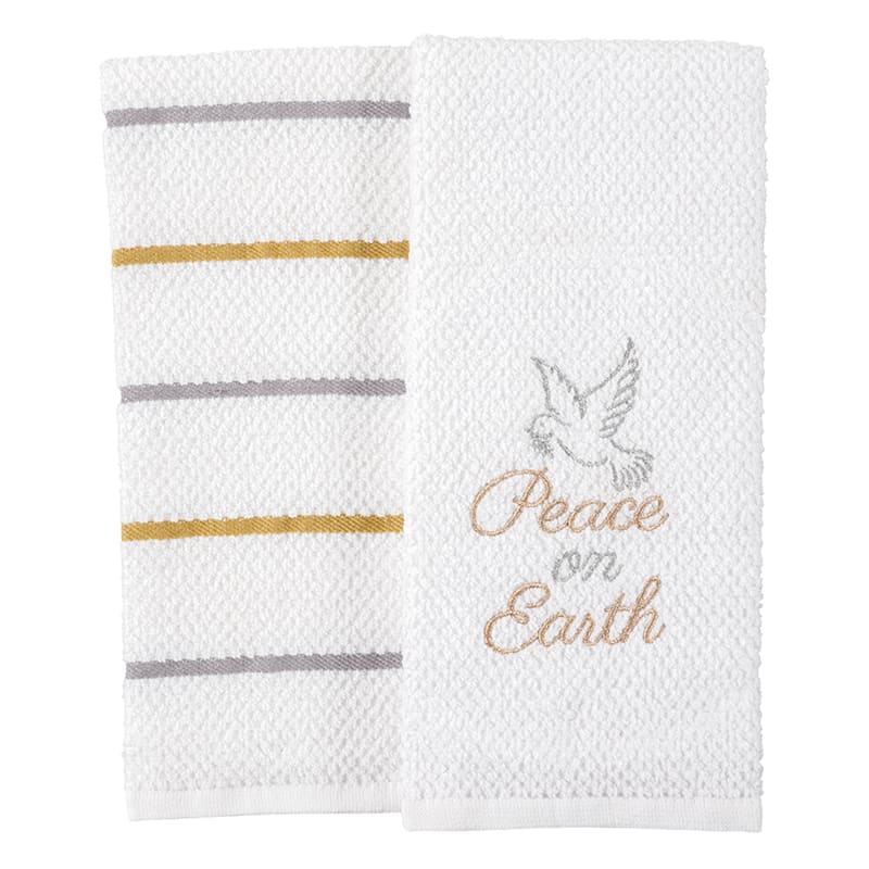 Set of 2 White Peace on Earth Kitchen Towels