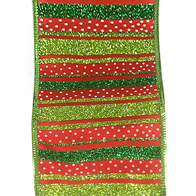 Elfin' Around Green Glittered & Red with White Polka Dots Ribbon, 4"