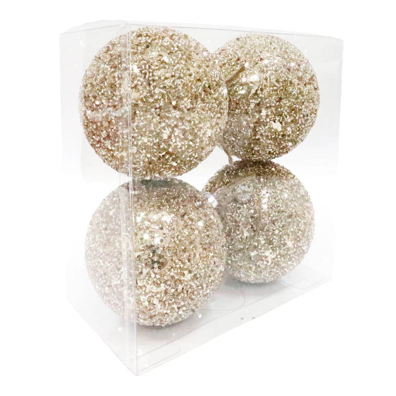 Holiday Romance 4-Count Beaded Champagne Shatterproof Ornaments