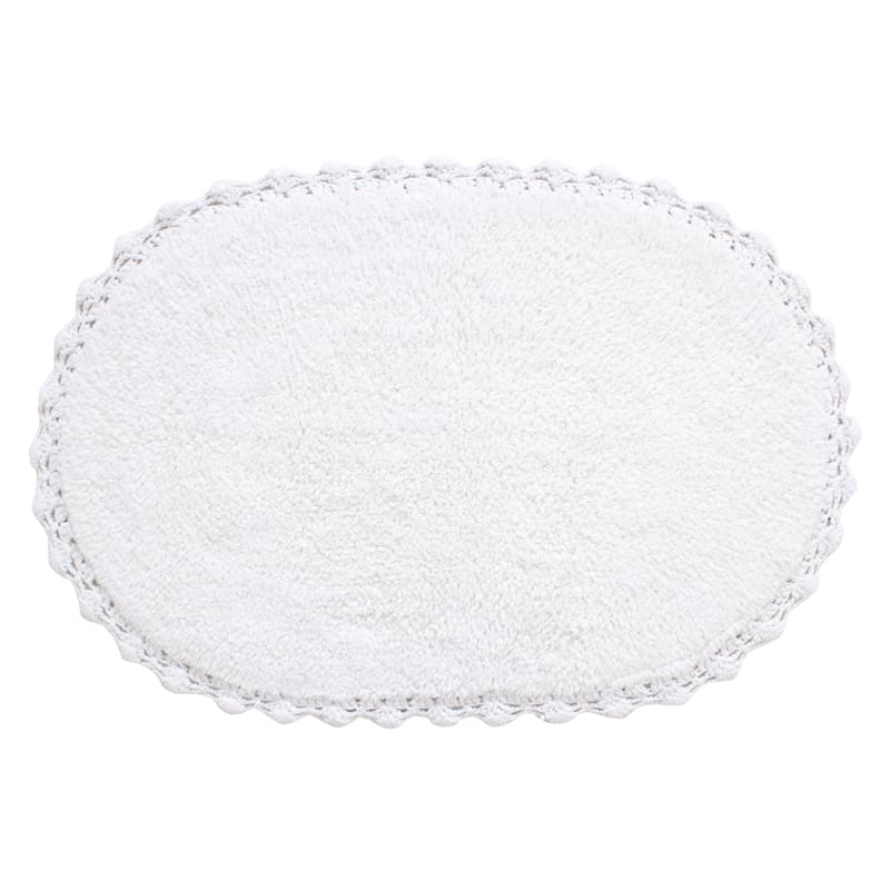 White Crochet Edge Round Bath Mat, 21x34