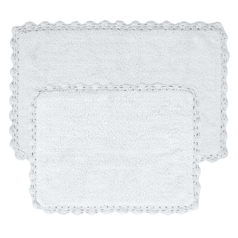 2-Piece White Crochet Edge Bath Mat Set, 20x32/17x24