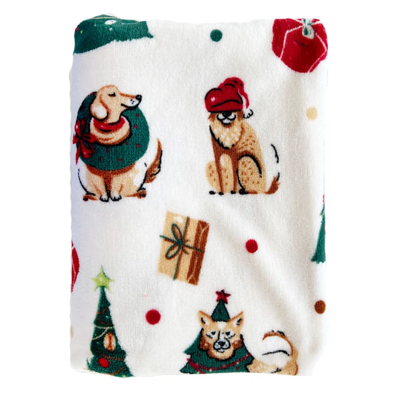 Dog Christmas Party White Throw Blanket, 50x70