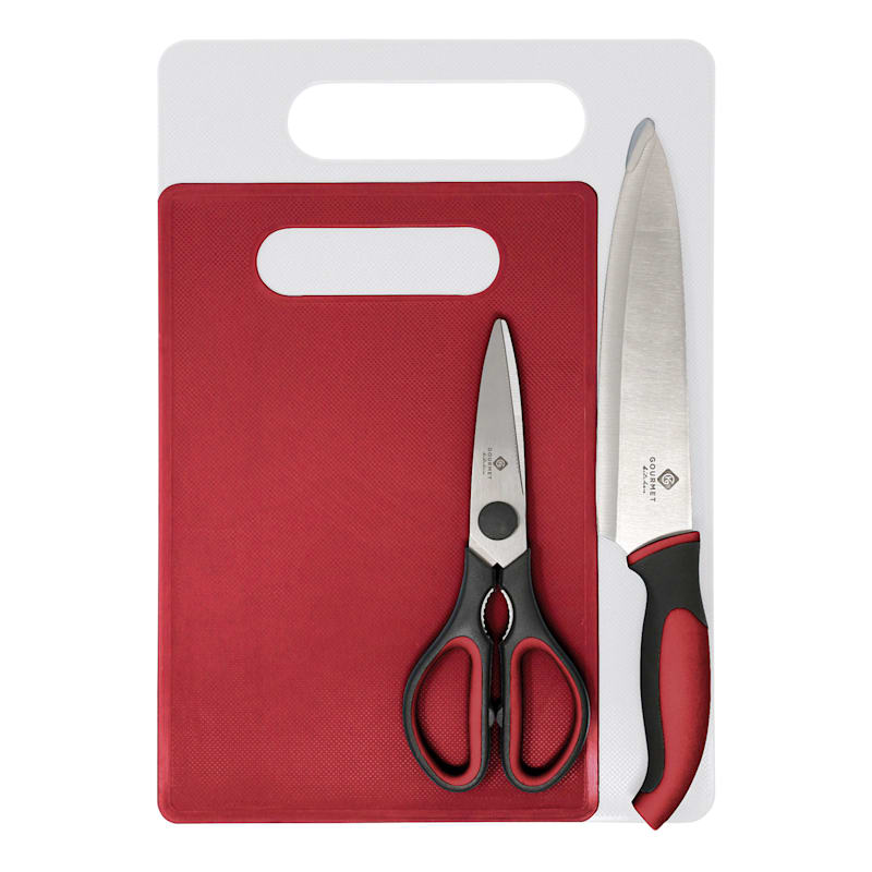 4-Piece Cutting Board Set with Knife & Shears, Red