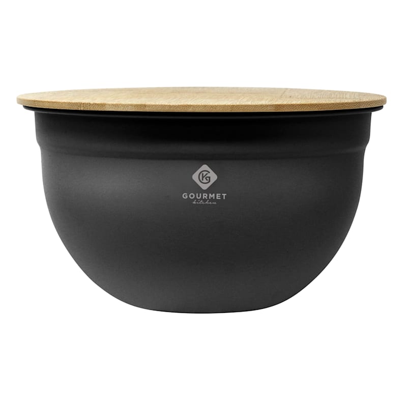 at Home Black Steel Mixing Bowl with Bamboo Lid, Small