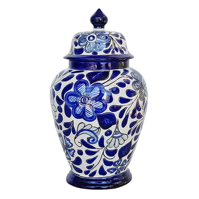 Blue White Talavera Porcelain Utensil Holder Canister Jar w Wooden Utensils  New