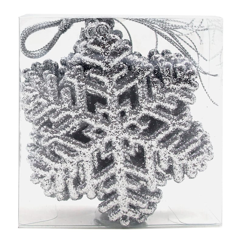 4-Count Silver Glittered Snowflake Shatterproof Ornaments