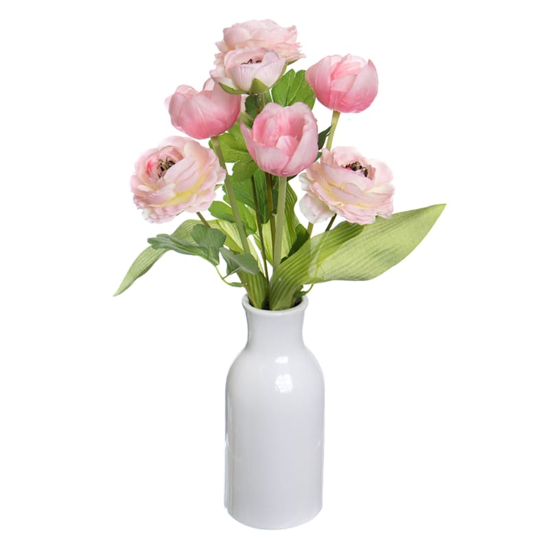 Pink Ranunculus Flower in White Ceramic Bottle Vase, 17"