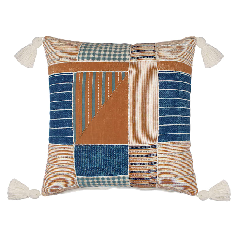 Ty Pennington Brown & Blue Embroidered Patchwork Throw Pillow, 20"
