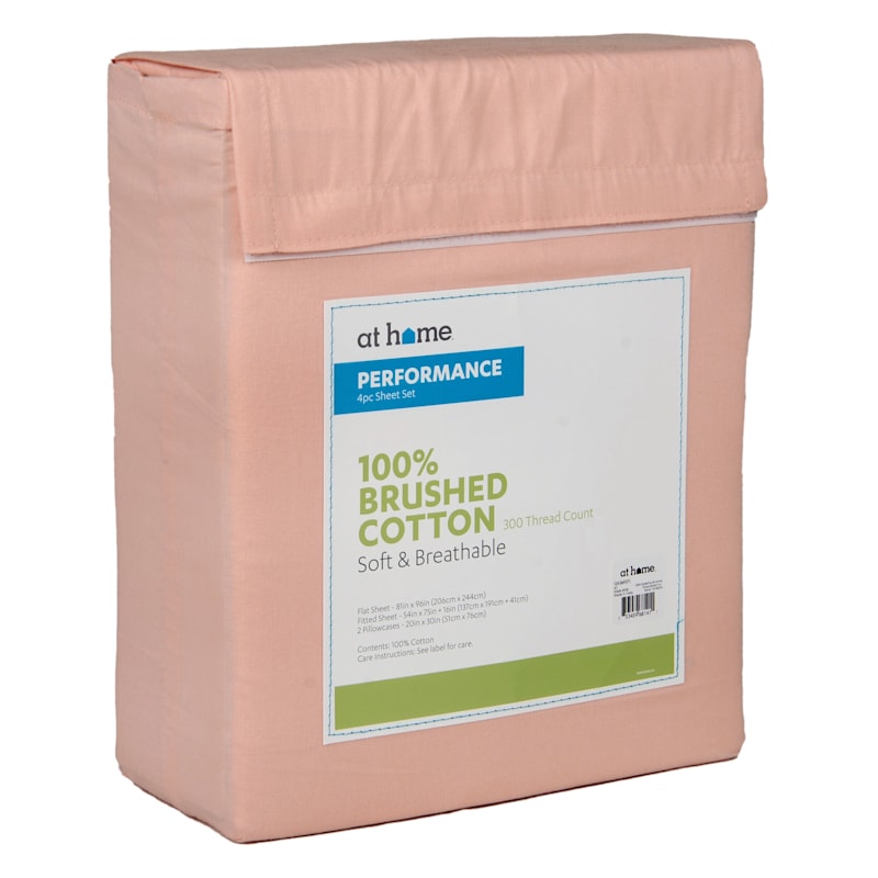 4Piece Pink 300 Thread Count 100 Brushed Cotton Percale Sheet Set, Full