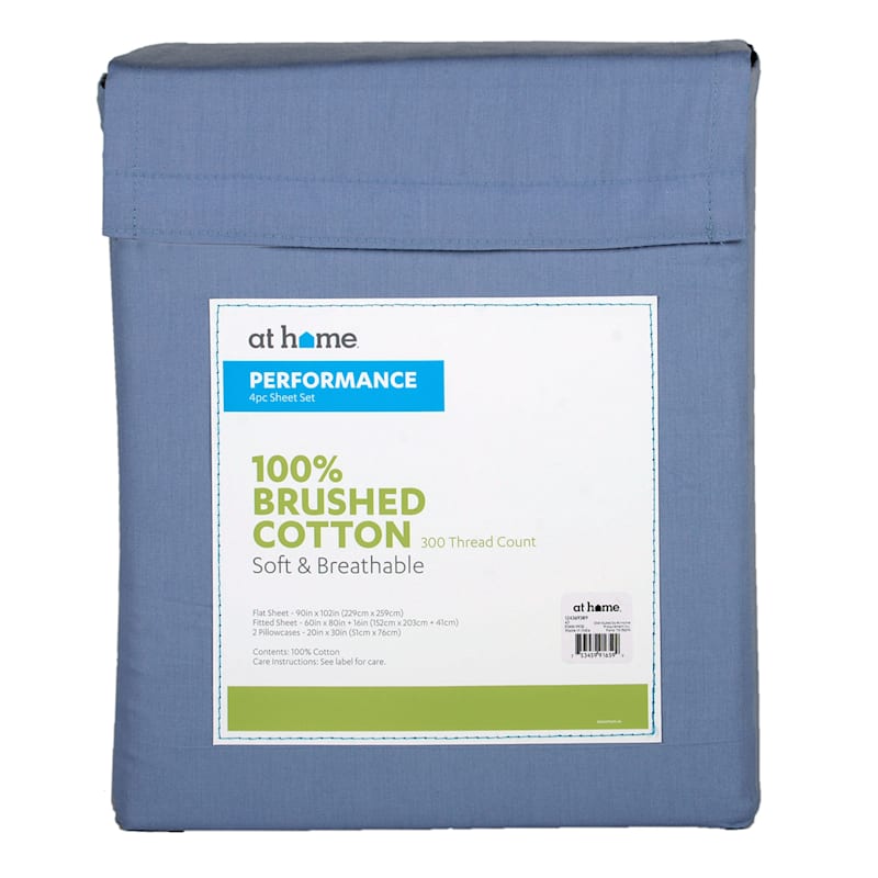 4-Piece Blue 300 Thread Count 100% Brushed Cotton Percale Sheet Set, Queen
