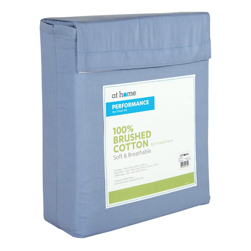 4Piece Blue 300 Thread Count 100 Brushed Cotton Percale Sheet Set, Queen