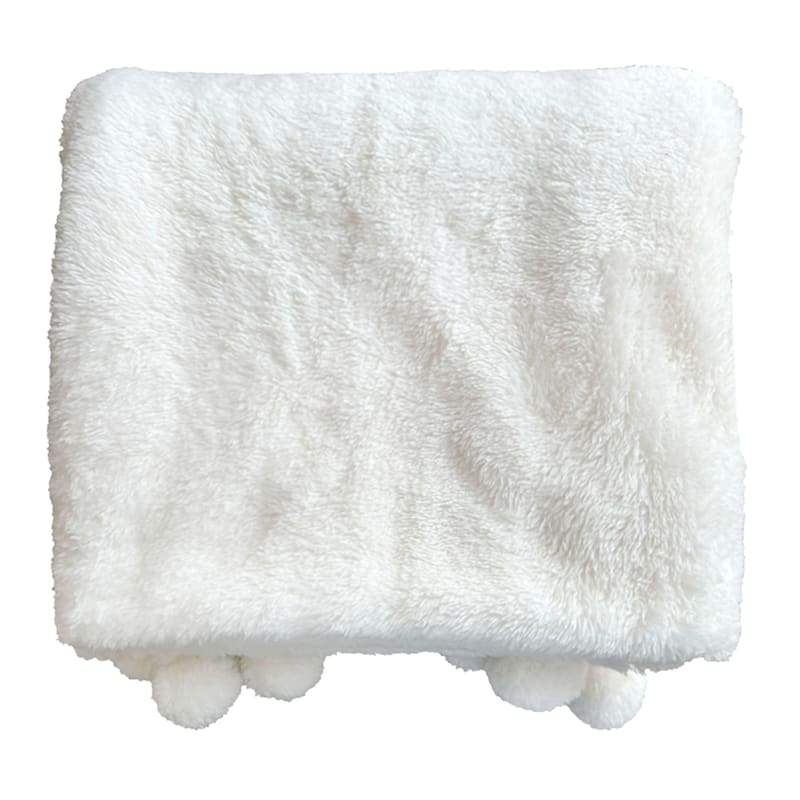 Honeybloom White Teddy Pom Pom Throw Blanket 50x60