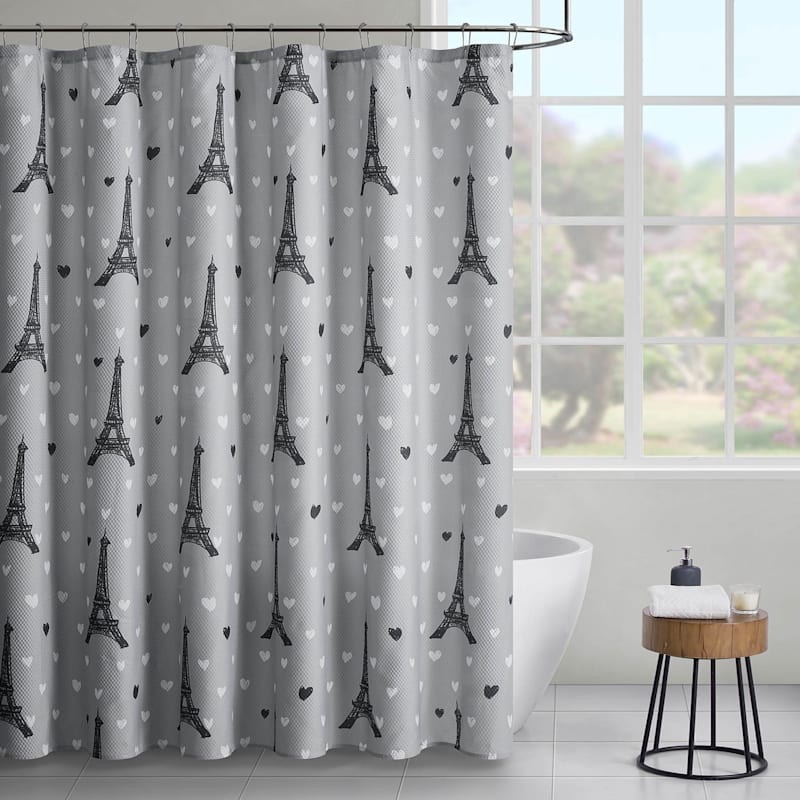 13Piece Grey Eiffel Tower Shower Curtain Set, 72"