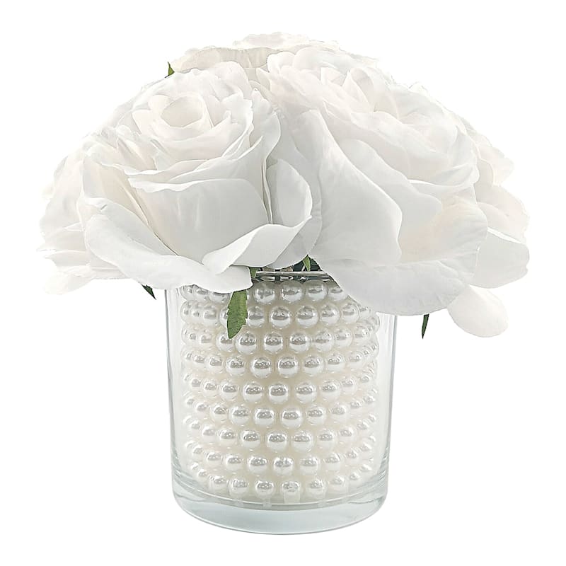 Rose Bouquet with Pearls in Glass Vase, 8"
