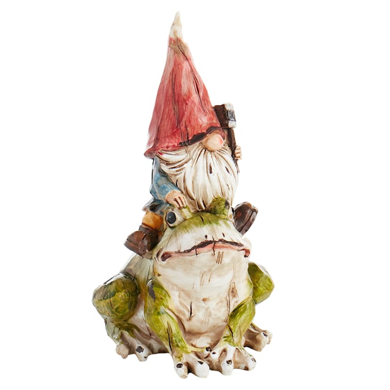 Outdoor Gnome Riding on Frog Figurine, 7" At Home